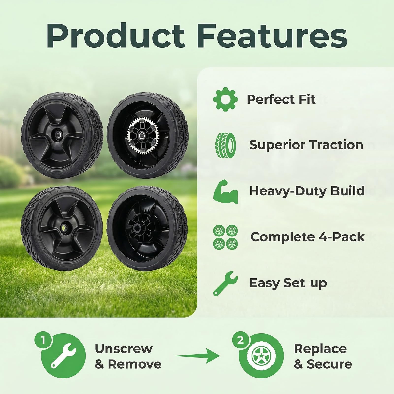 Replizo wheels beside Honda HRN216 axle demonstrating direct compatibility