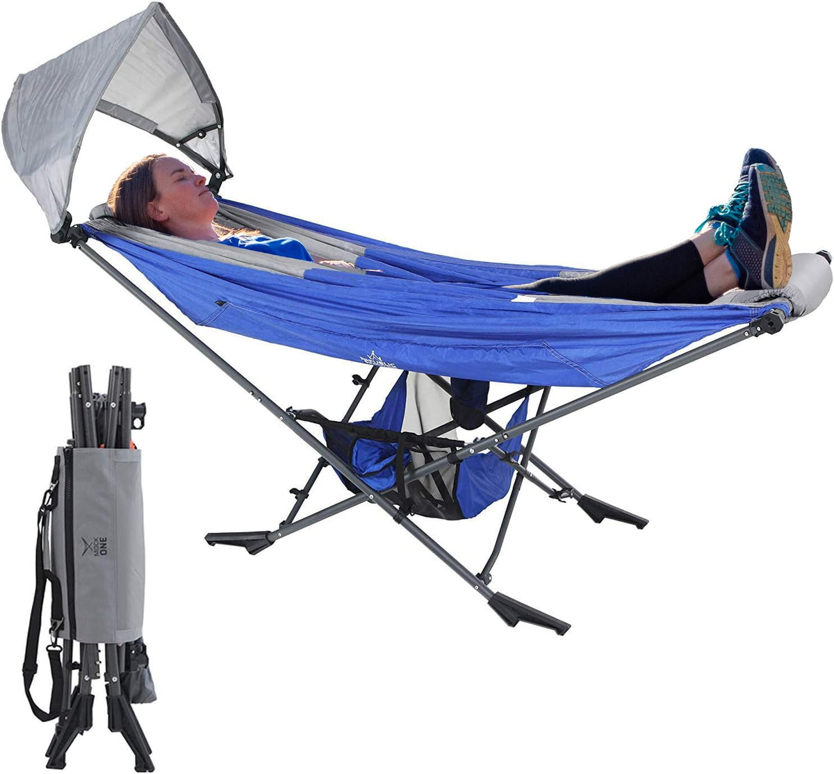 Republic of Durable Goods front view hammock stand showing stable freestanding design and relaxation