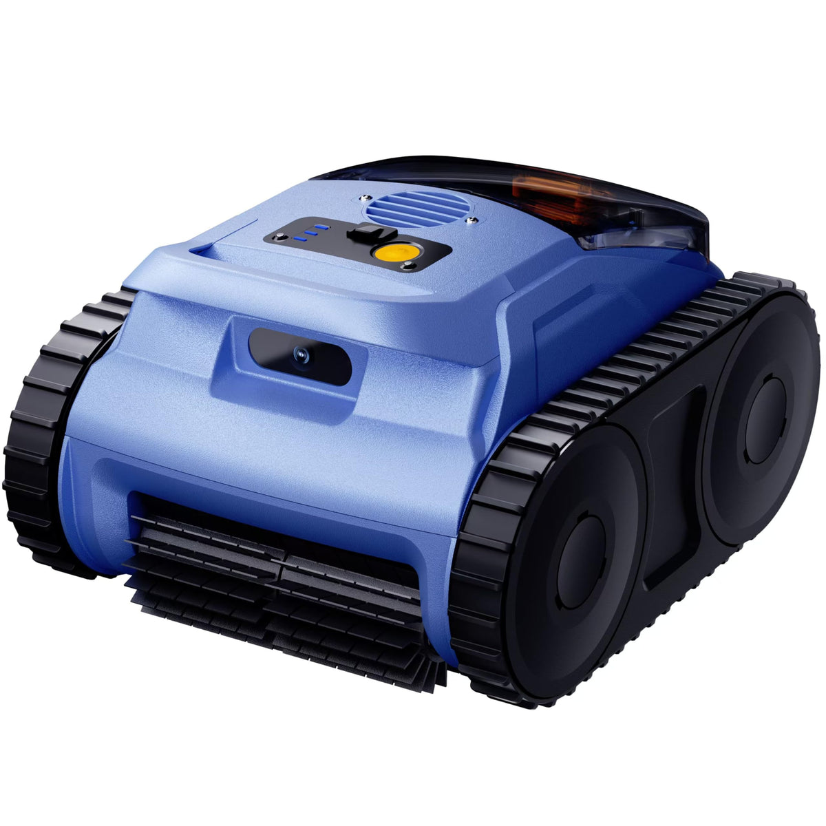 RERIOU front view of robotic pool vacuum showing sleek housing and button, simplifies pool cleaning