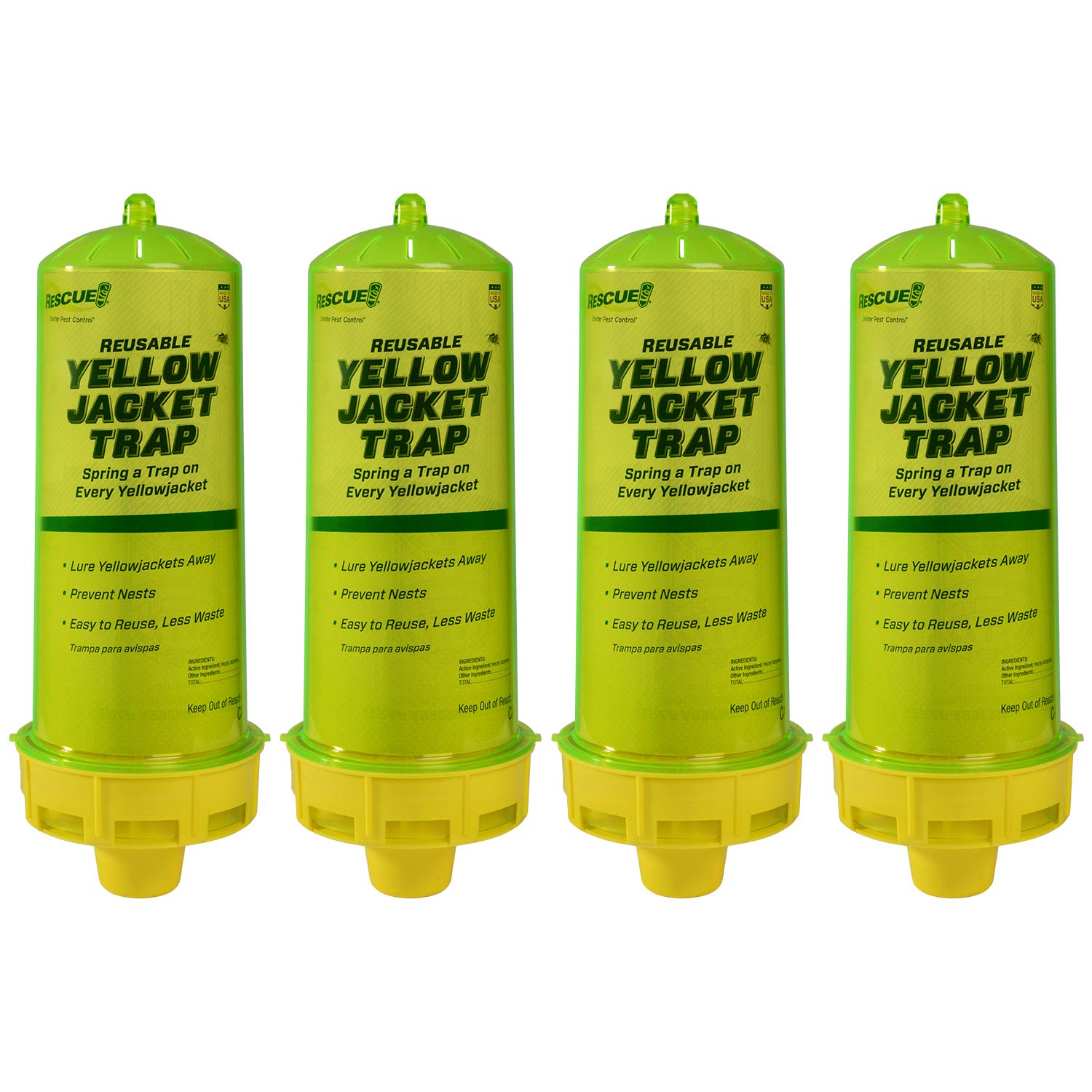 RESCUE! front packaging showing four yellowjacket traps and attractant benefits