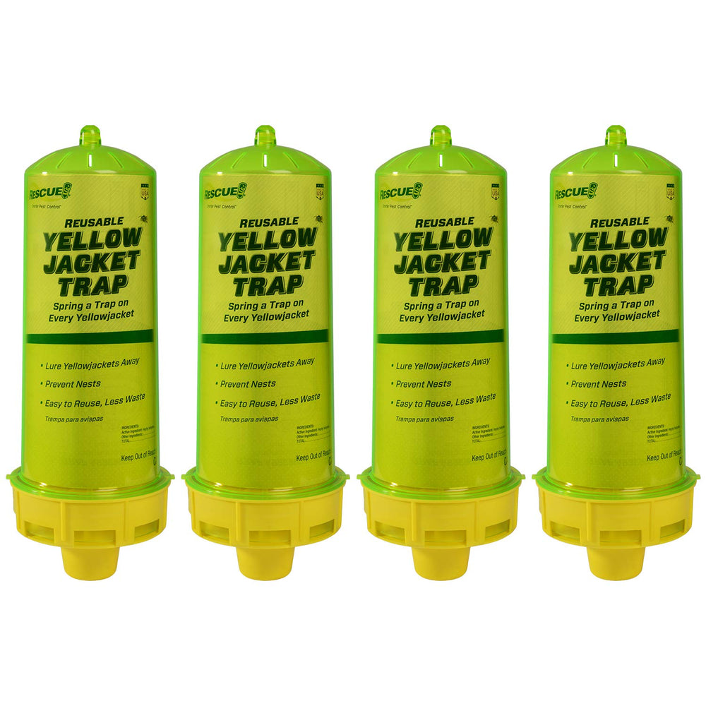 RESCUE! front packaging showing four yellowjacket traps and attractant benefits