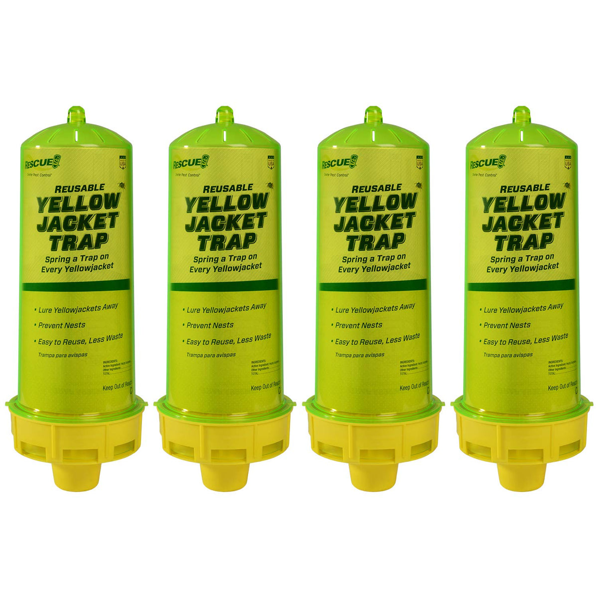 RESCUE! front packaging showing four yellowjacket traps and attractant benefits