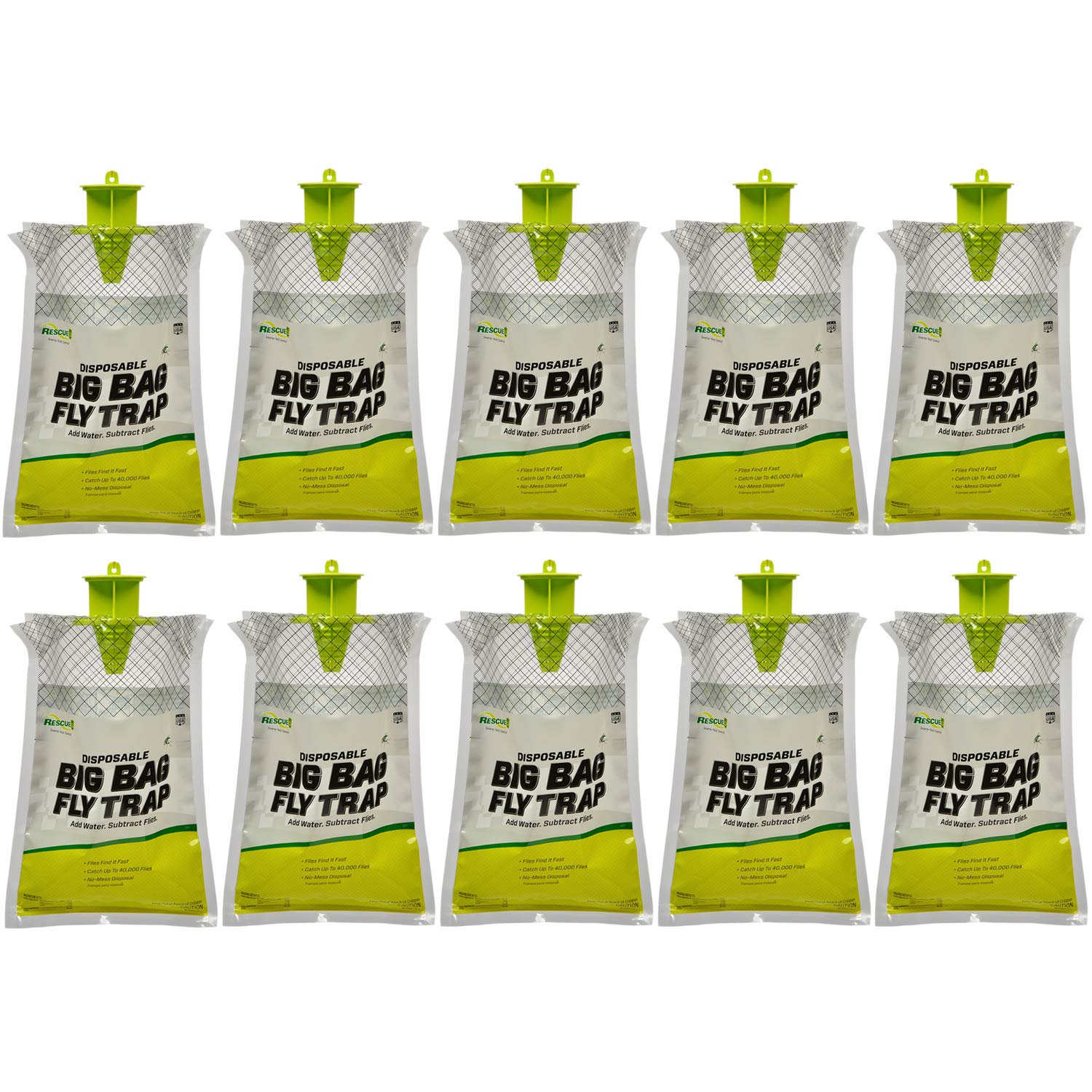RESCUE! front packaging showing ten disposable outdoor fly traps and benefits