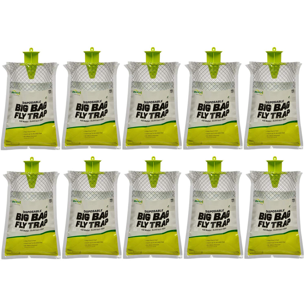 RESCUE! front packaging showing ten disposable outdoor fly traps and benefits