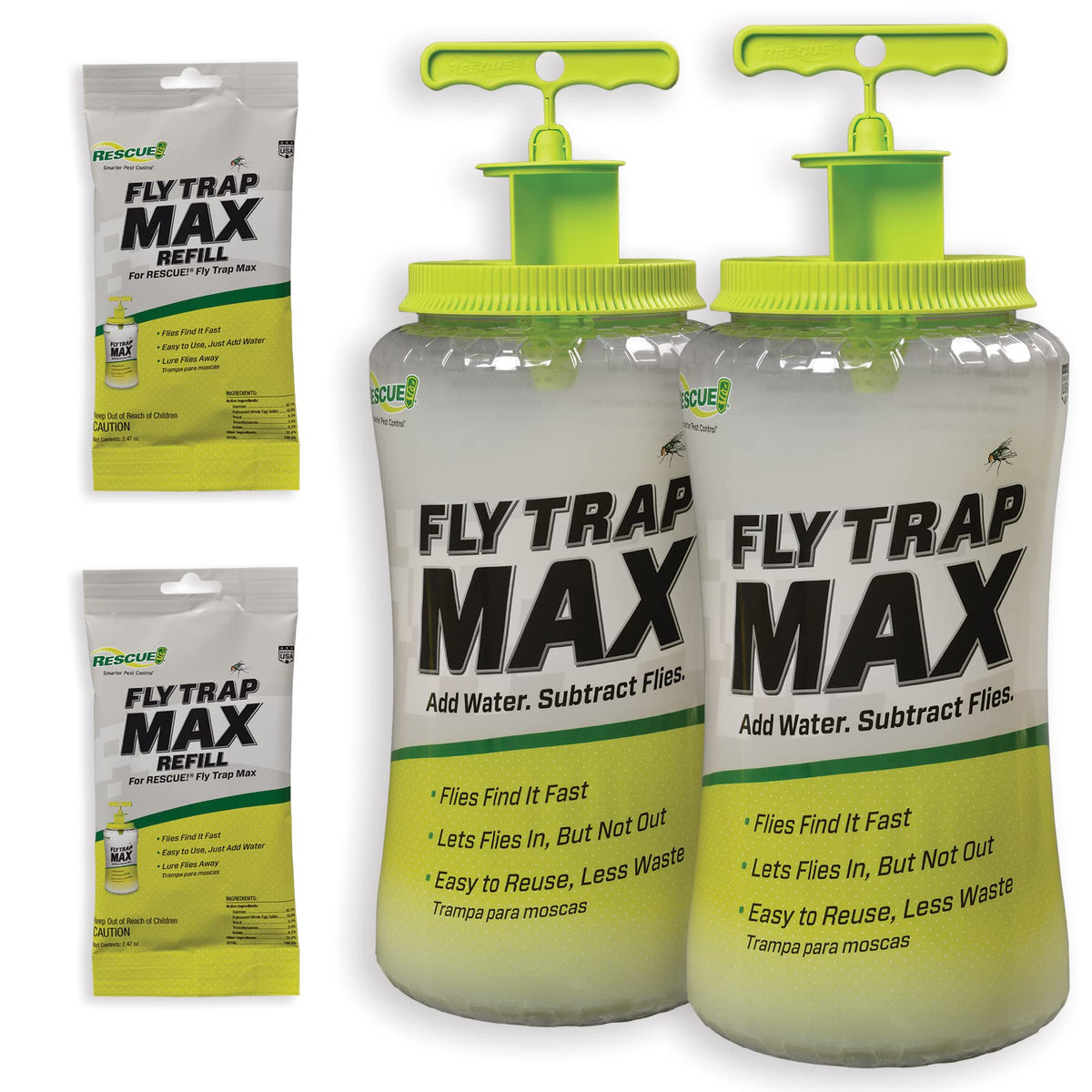RESCUE! front packaging showing two large outdoor fly traps and refills protecting property
