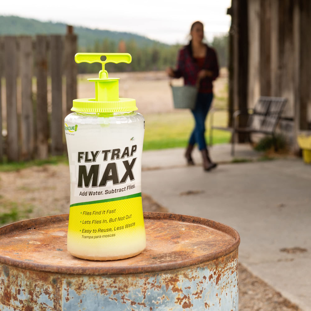 RESCUE! trap deployed in a barn setting reducing flies near livestock and work areas