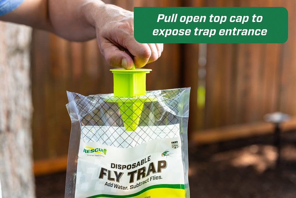RESCUE! hanging fly trap in a backyard patio reducing nuisance flies