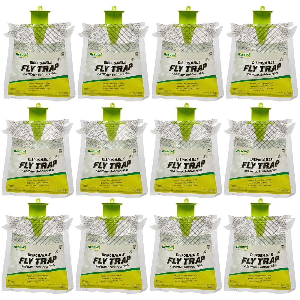 RESCUE! front packaging showing 12 hanging fly traps and key features