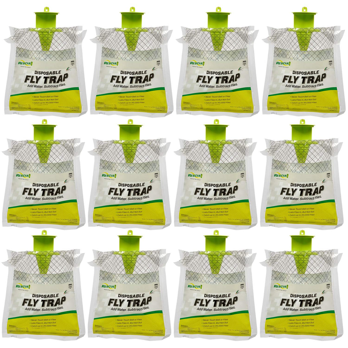 RESCUE! front packaging showing 12 hanging fly traps and key features