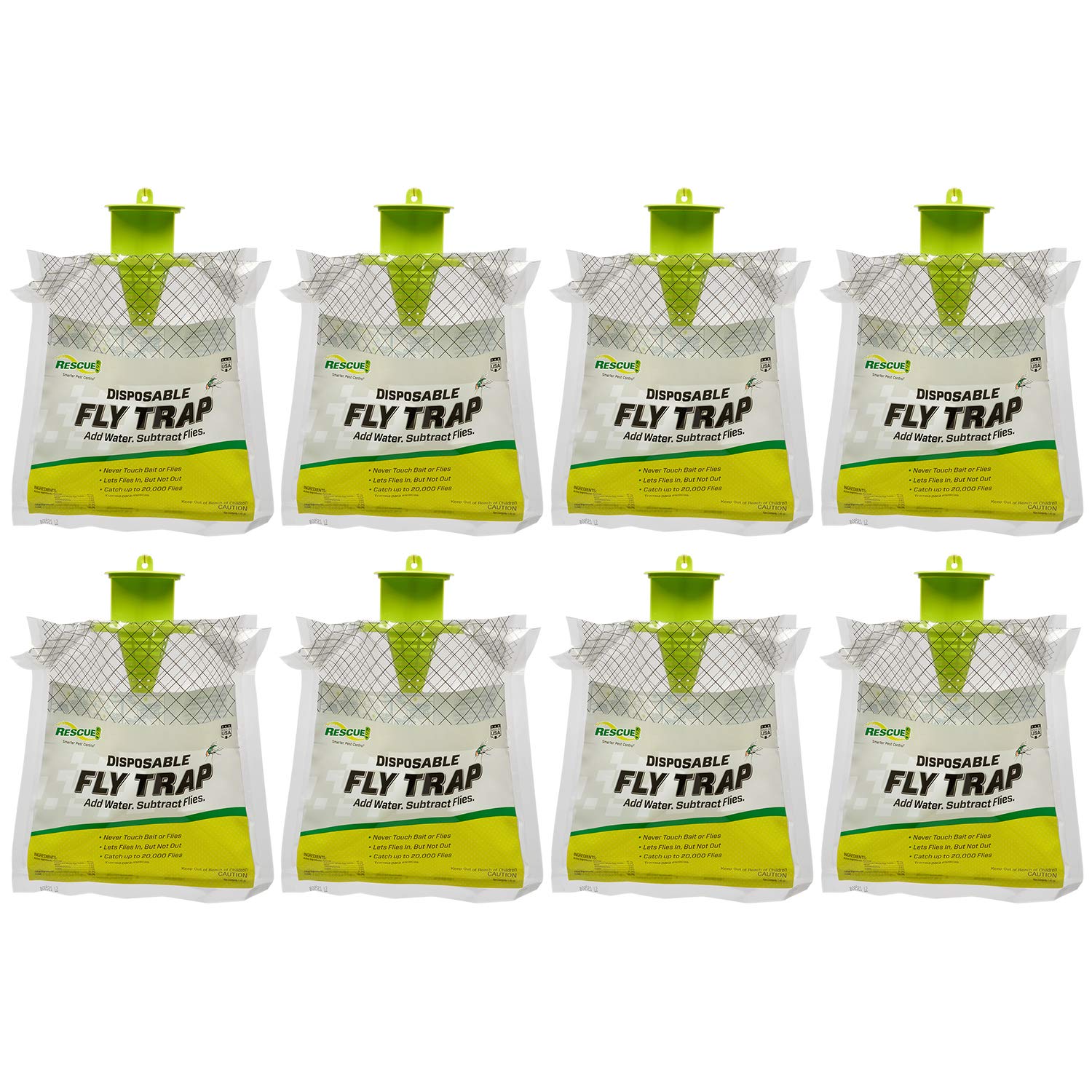 RESCUE! front view of hanging fly trap showing packaging and hook, reduces outdoor flies