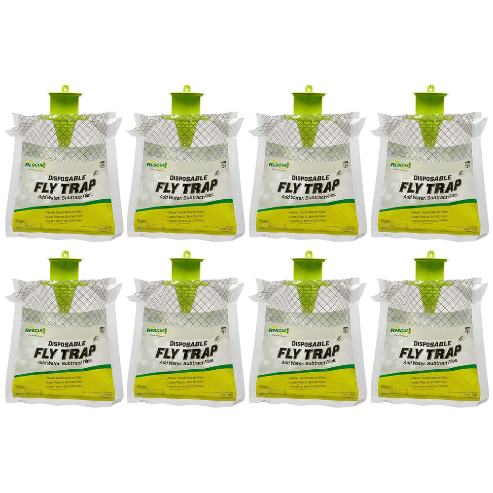 RESCUE! front view of hanging fly trap showing packaging and hook, reduces outdoor flies