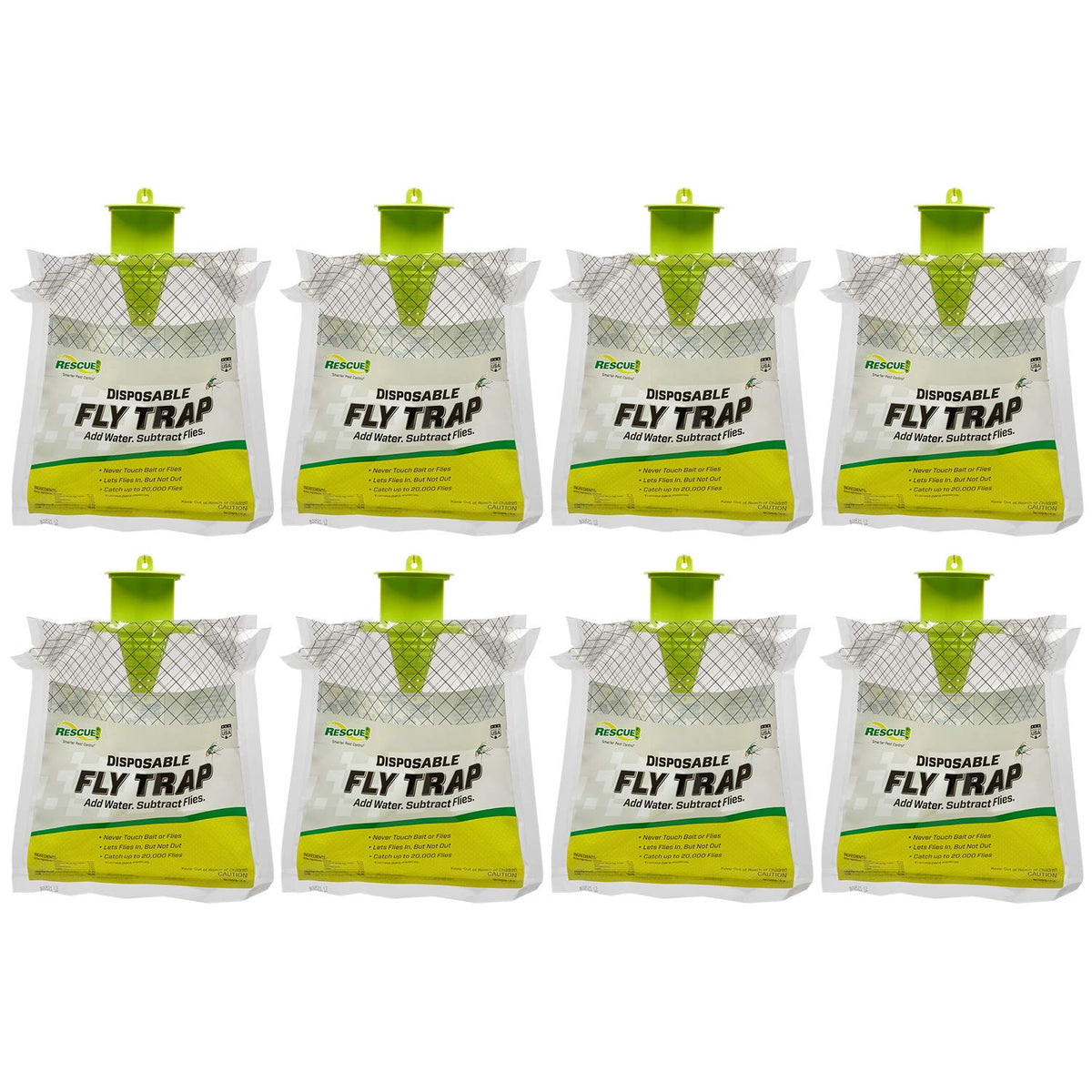 RESCUE! front view of hanging fly trap showing packaging and hook, reduces outdoor flies