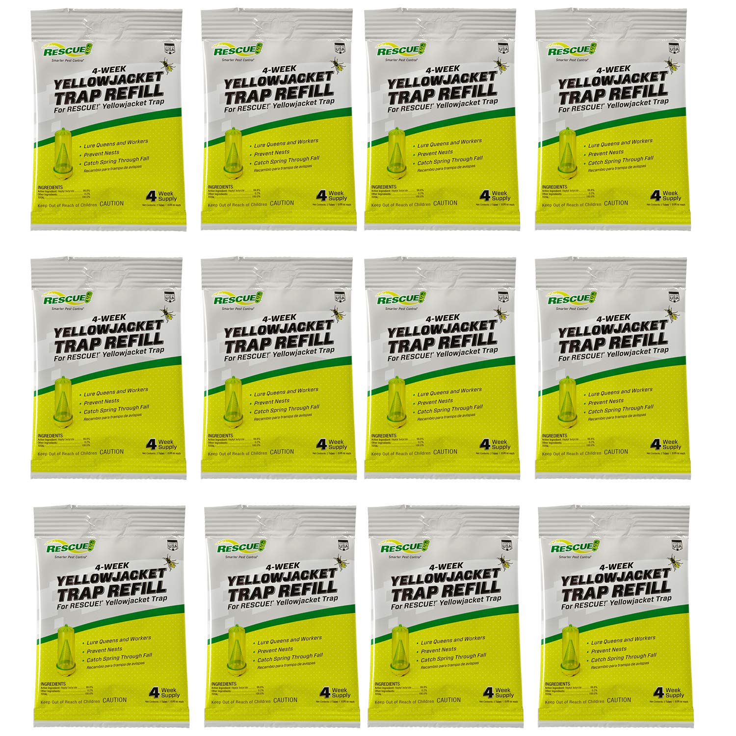 RESCUE! front packaging showing 12-pack attractant vials and benefits