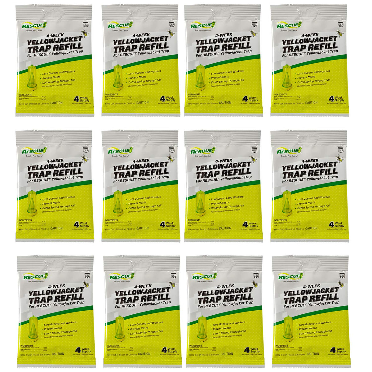 RESCUE! front packaging showing 12-pack attractant vials and benefits