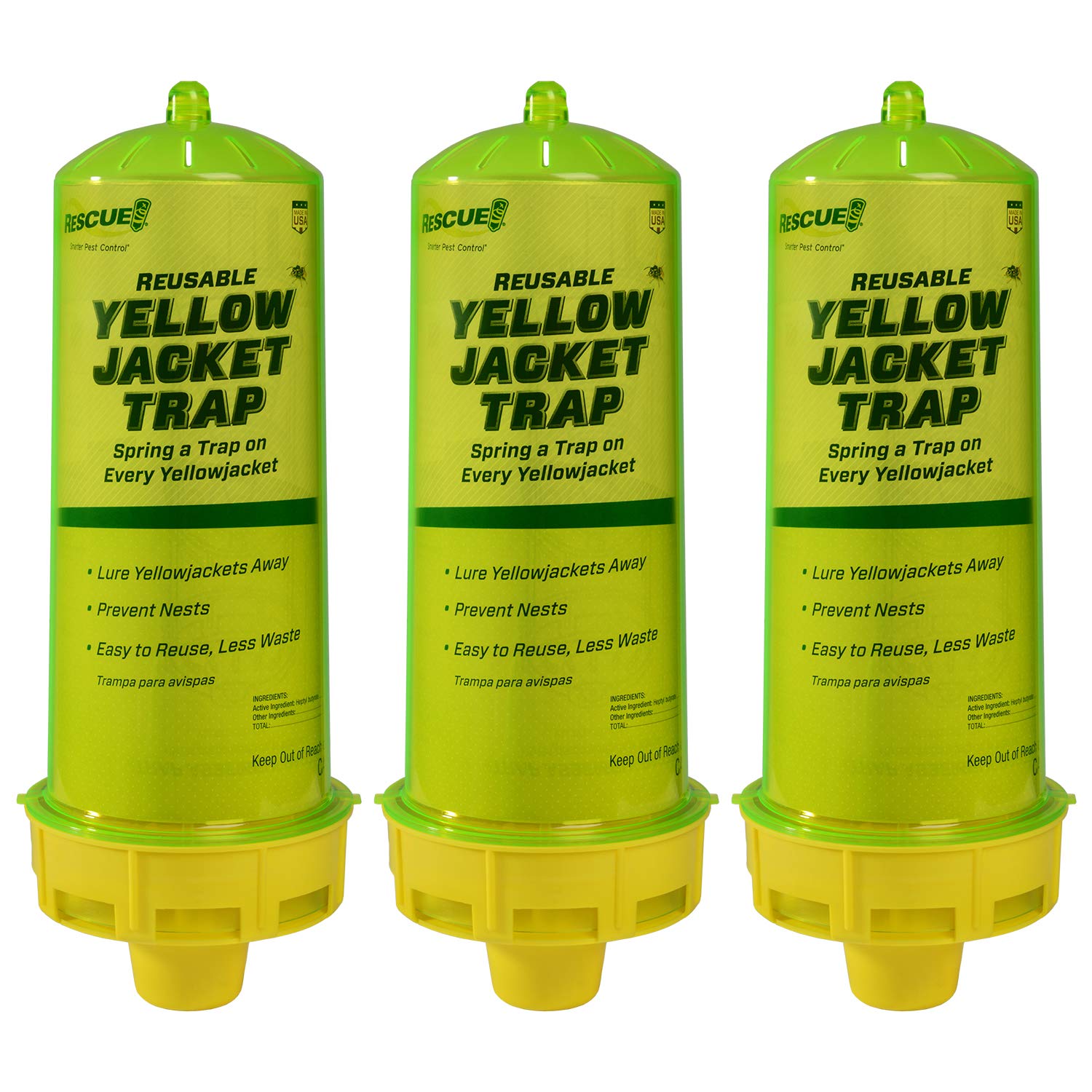 RESCUE! trap front packaging showing three reusable yellowjacket traps, clear identification