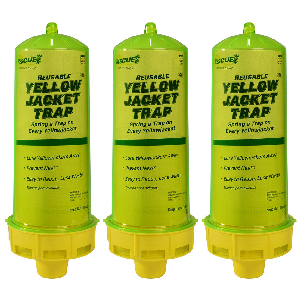 RESCUE! trap front packaging showing three reusable yellowjacket traps, clear identification