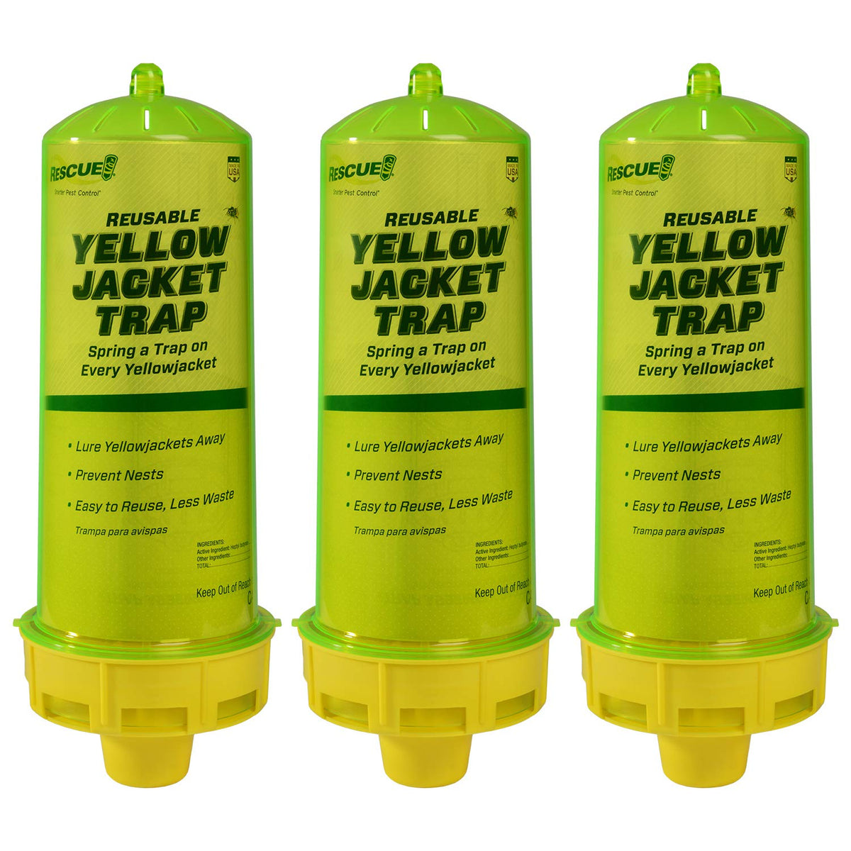 RESCUE! trap front packaging showing three reusable yellowjacket traps, clear identification