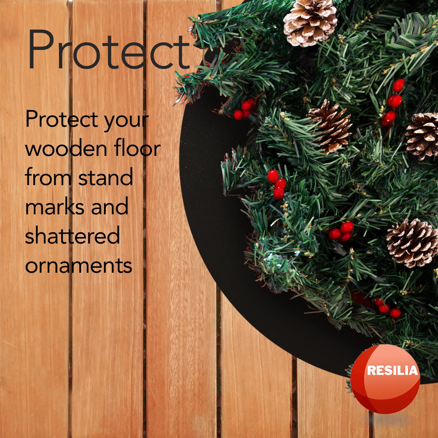 RESILIA mat under decorated tree containing needles and water runoff