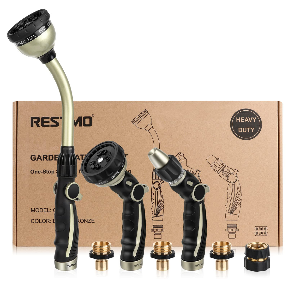 RESTMO kit front view showing metal wand, sprayer, nozzle and fittings for durability