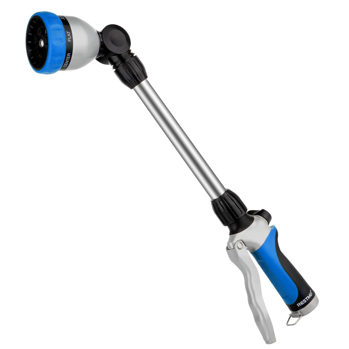 RESTMO front view of metal hose wand showing full length and finish, durable construction benefit