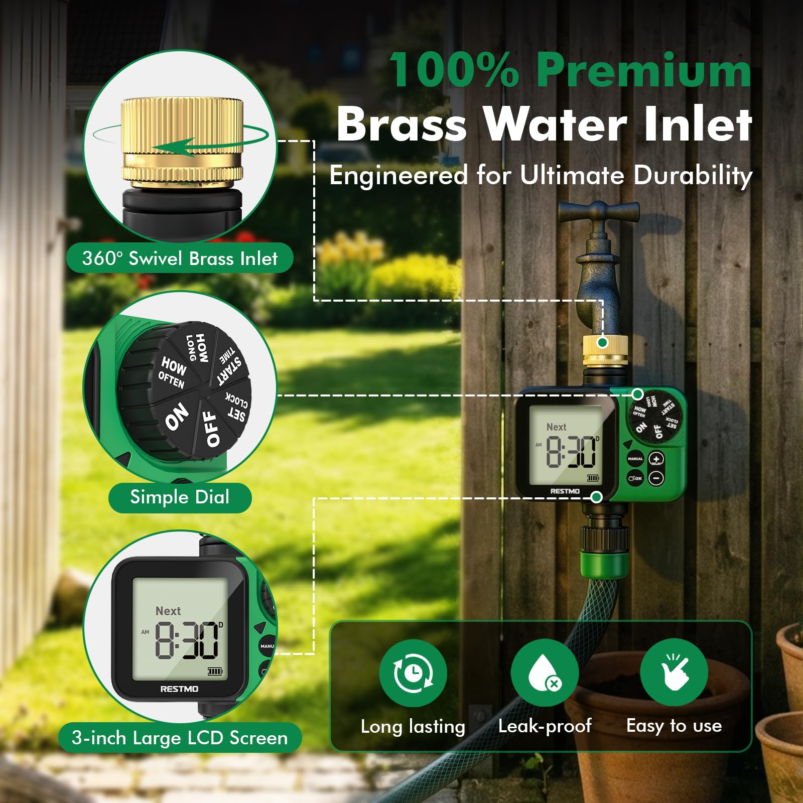 RESTMO installed on outdoor tap watering flower beds hands-free