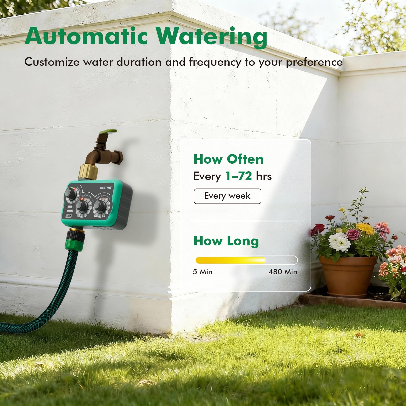 RESTMO watering garden beds demonstrating deep soak and hands-off irrigation