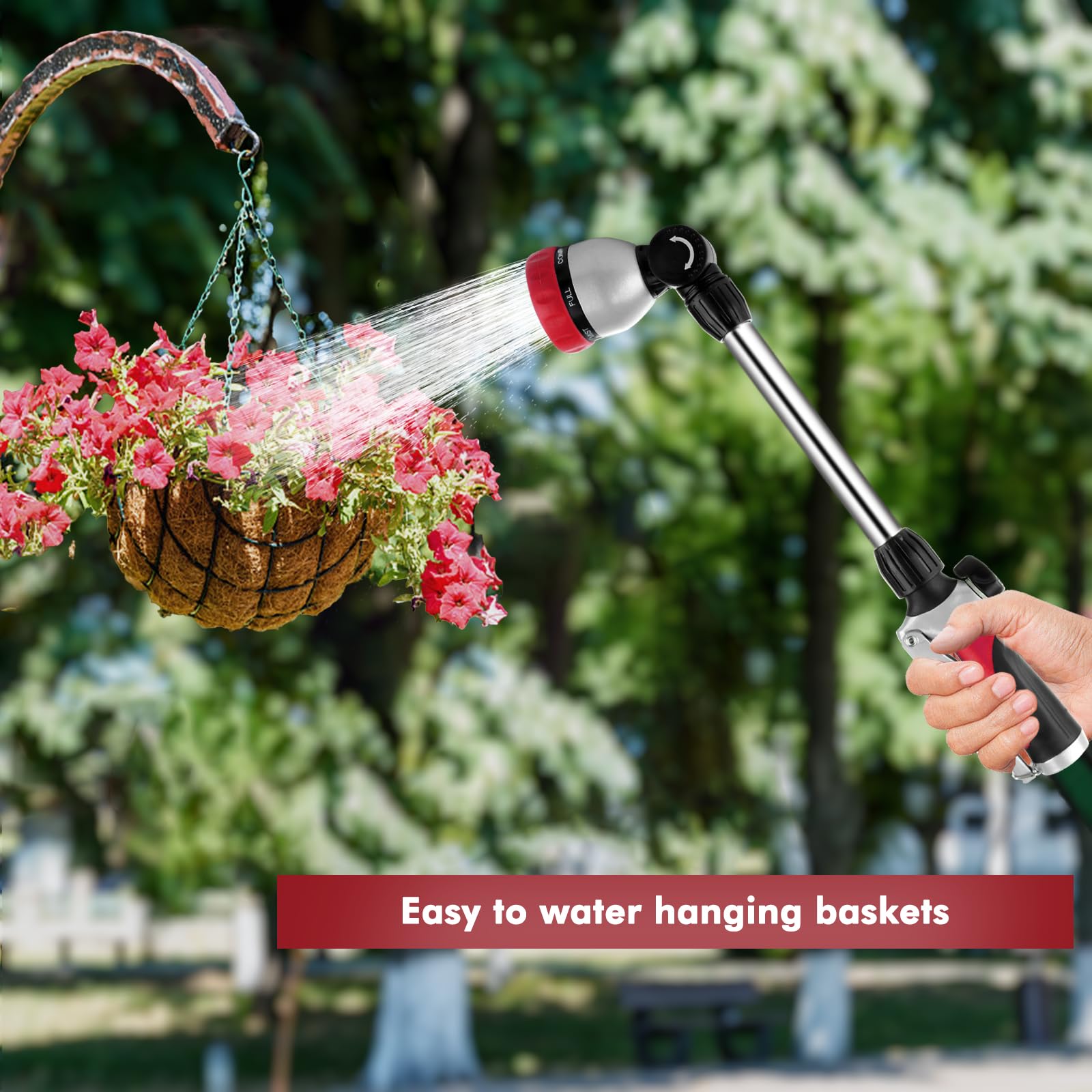 RESTMO wand in use watering hanging baskets demonstrating gentle shower pattern benefit