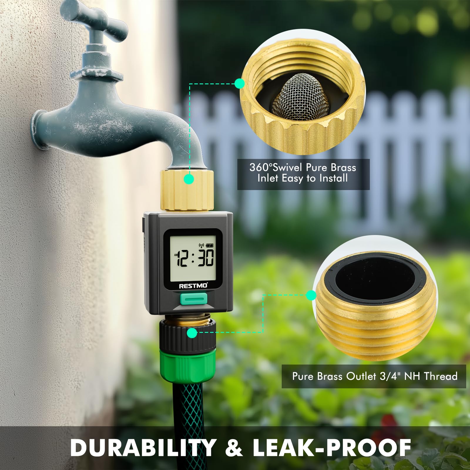 RESTMO installed on garden hose illustrating outdoor irrigation compatibility