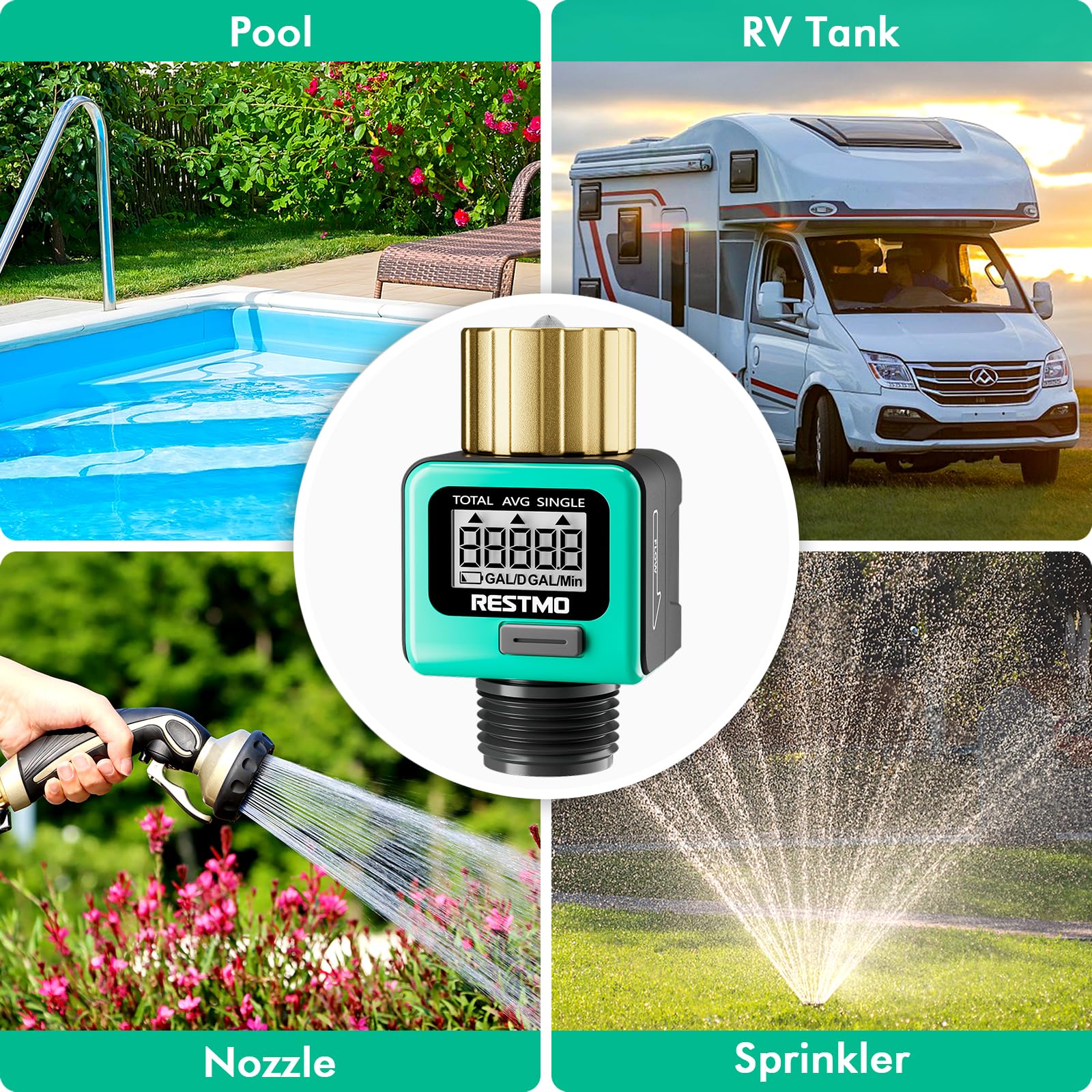 Restmo attached to garden hose in yard showing efficient outdoor water monitoring