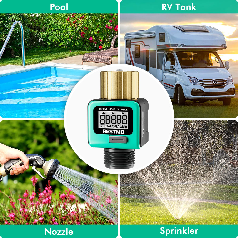 Restmo attached to garden hose in yard showing efficient outdoor water monitoring