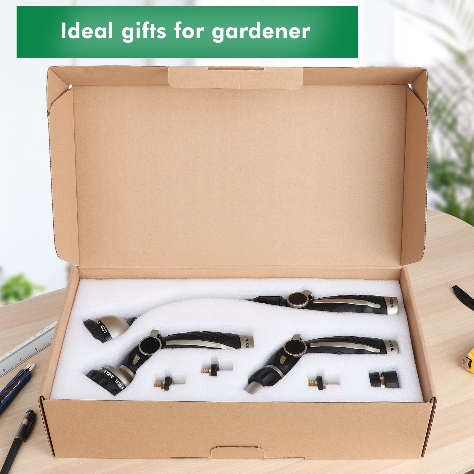 RESTMO in garden setting with user watering plants illustrating practical everyday benefit