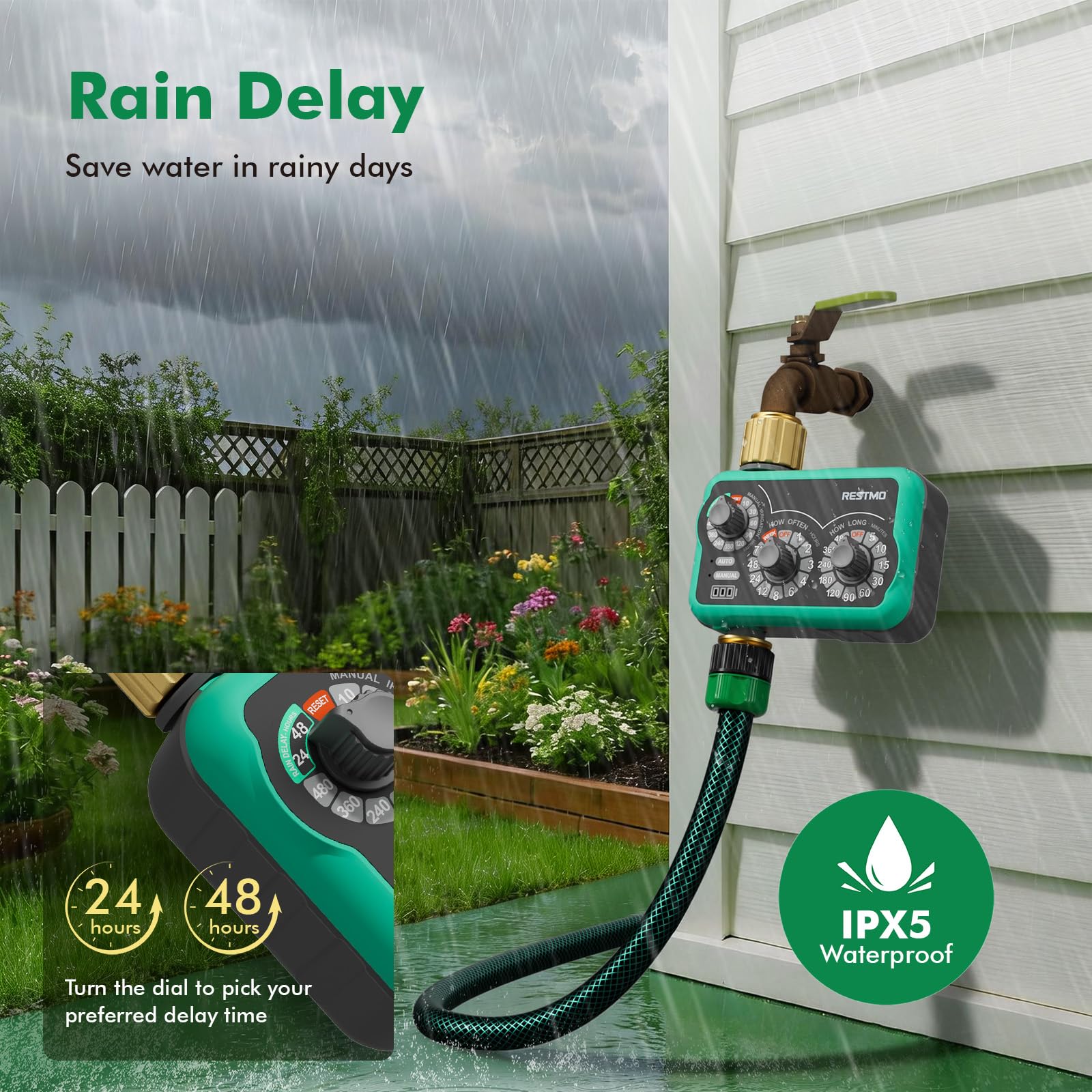 RESTMO mounted with garden hose delivering automated watering to yard