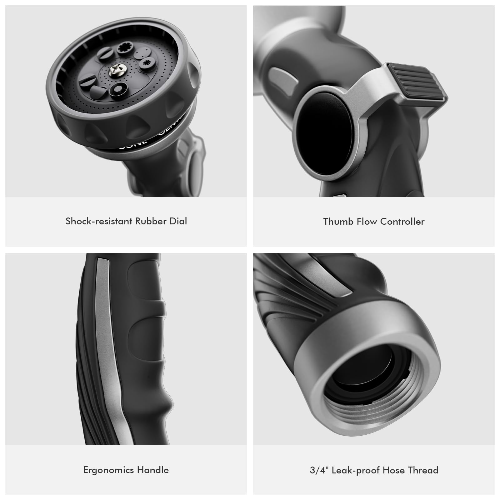 Restmo nozzle next to hand for size scale showing comfortable one-hand use benefit