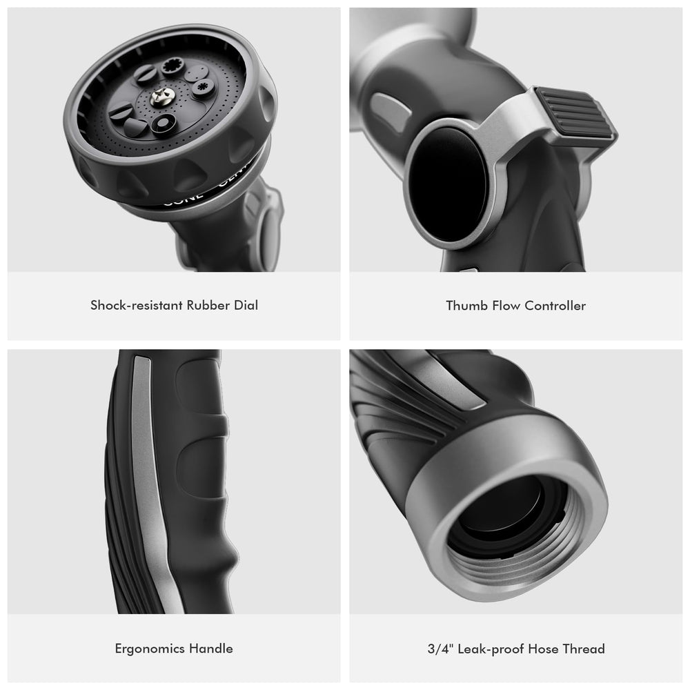Restmo nozzle next to hand for size scale showing comfortable one-hand use benefit
