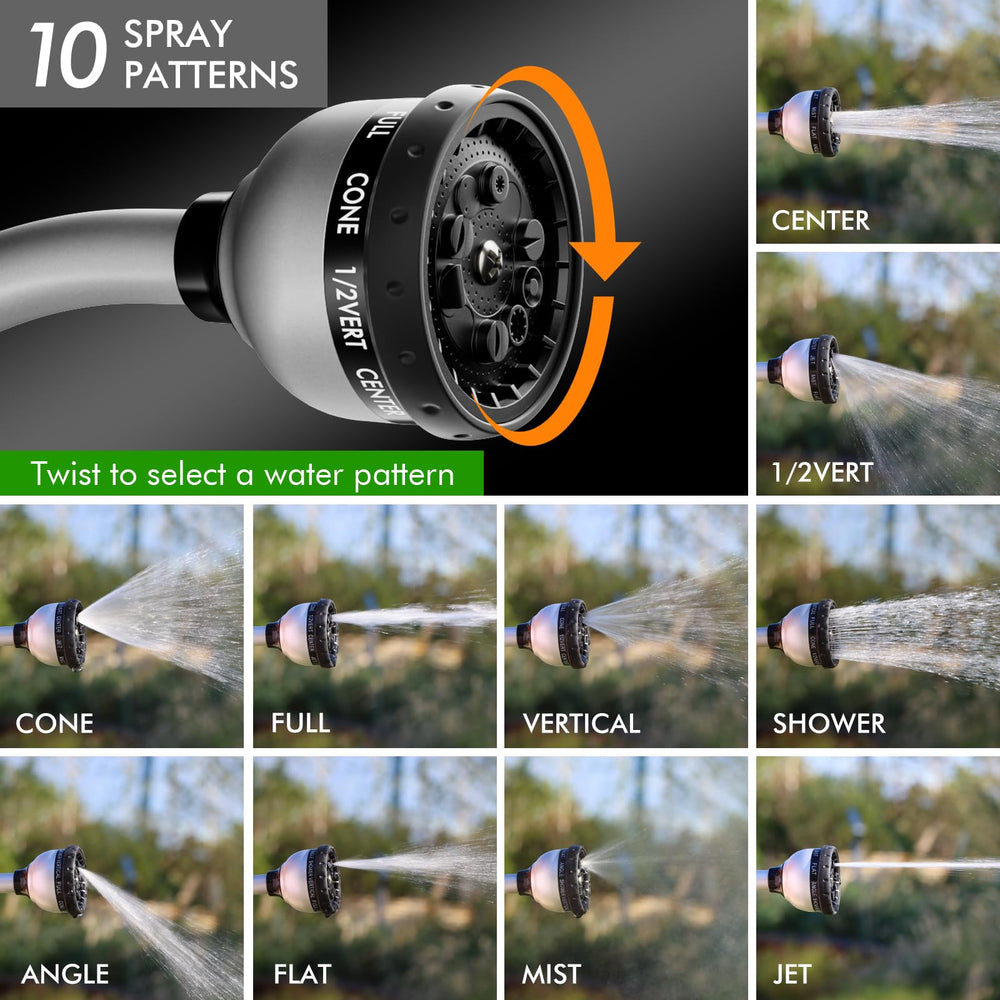 Restmo spray head dial showing 10 patterns for versatile watering and cleaning