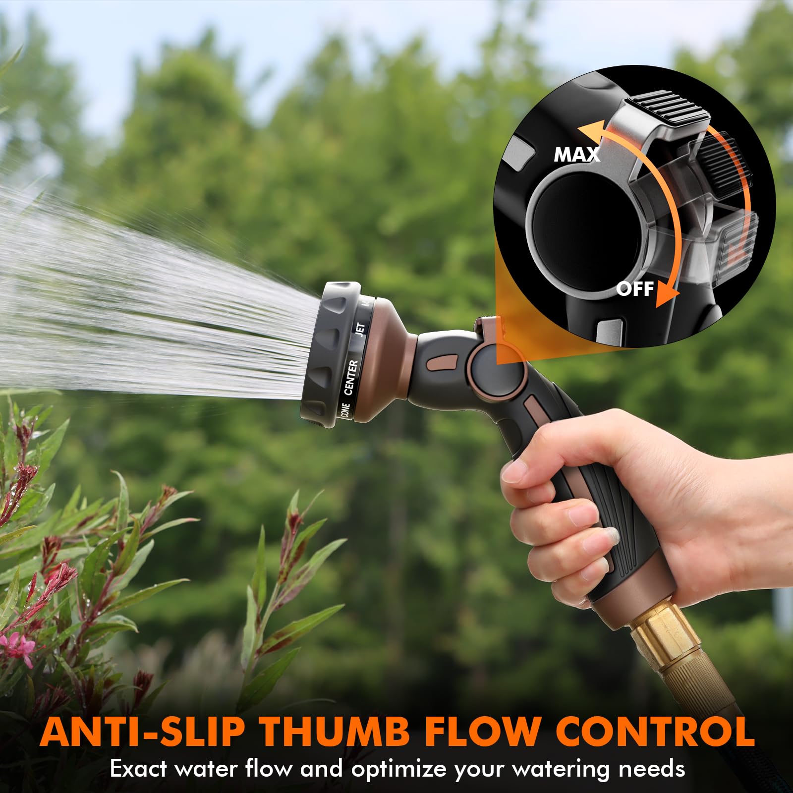 RESTMO nozzle shown in hand using thumb control for comfortable one-handed use