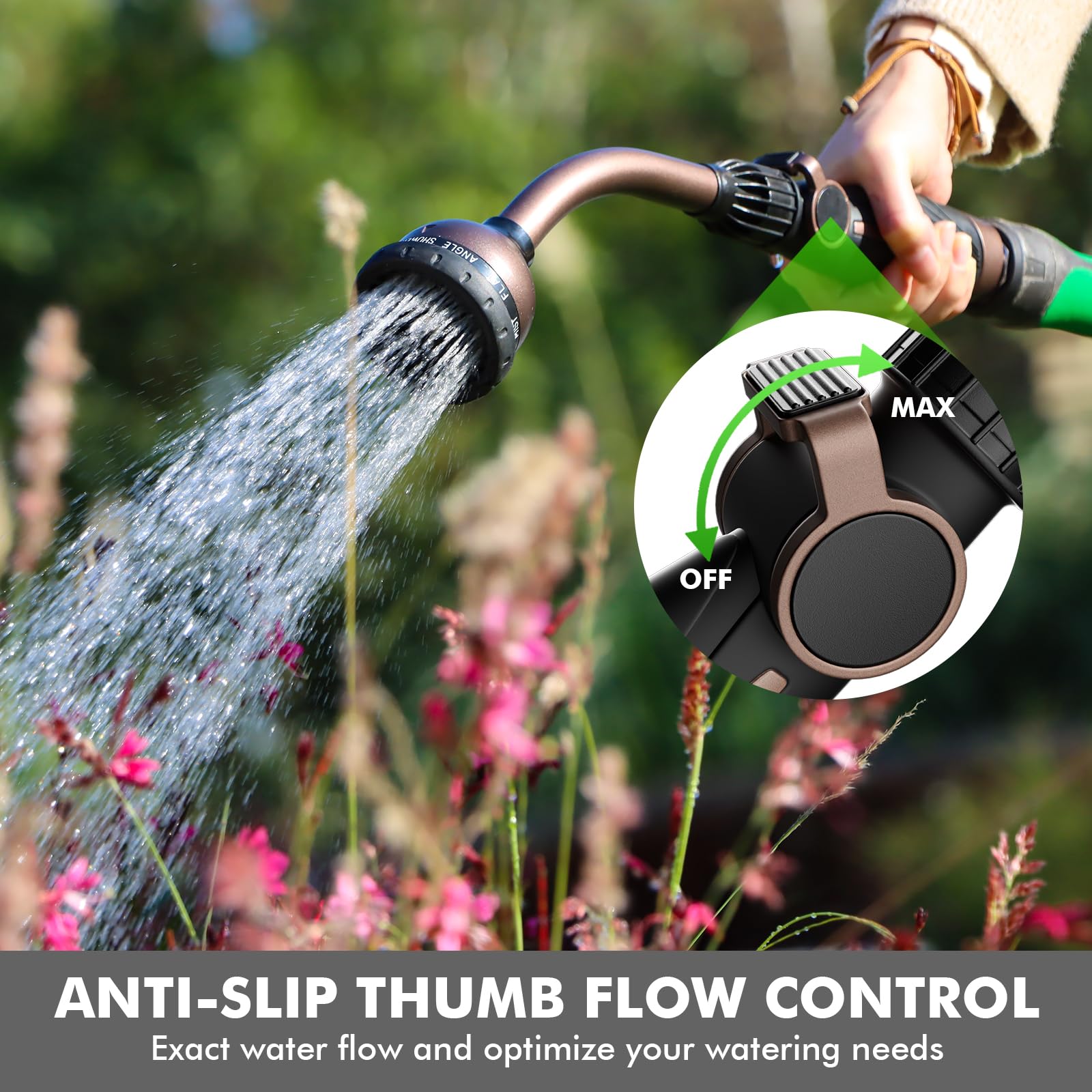 RESTMO thumb flow control detail with anti-slip rubber benefit: easy one-handed adjustment