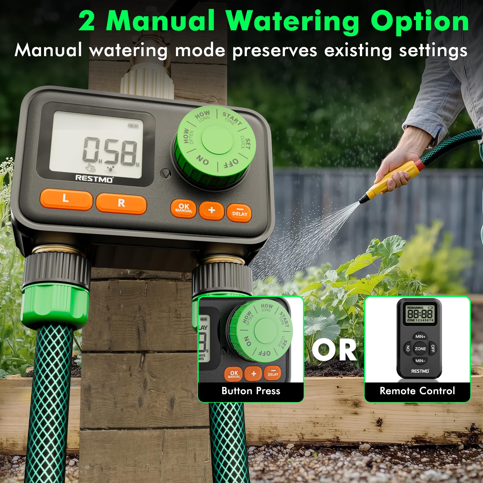 Restmo two outlets with hoses showing dual-zone watering benefit