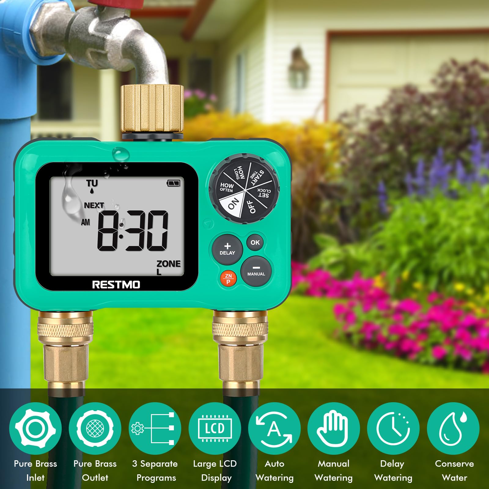 RESTMO two-zone setup attached to garden hose showing separate zone control