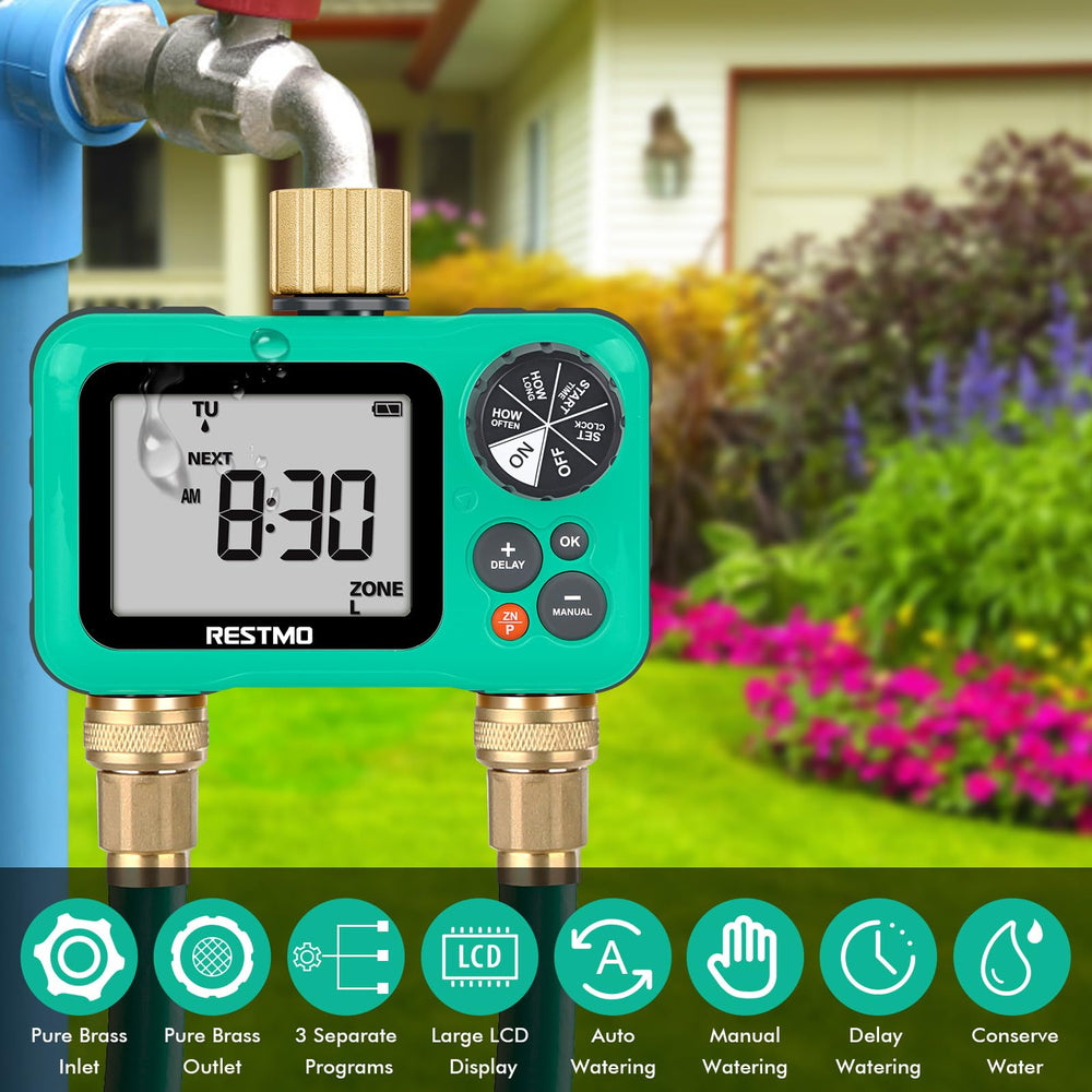 RESTMO two-zone setup attached to garden hose showing separate zone control