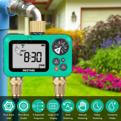 RESTMO two-zone setup attached to garden hose showing separate zone control
