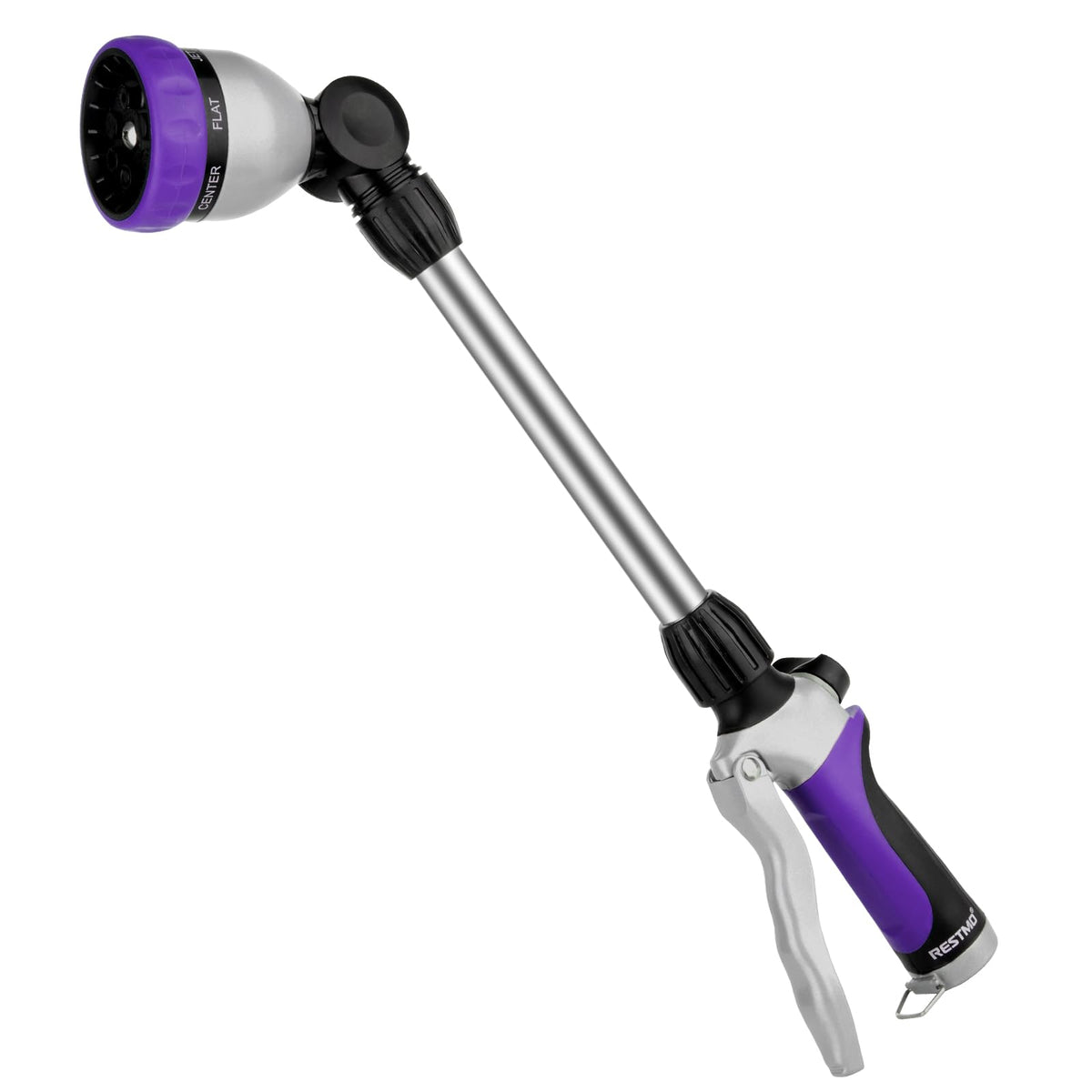 RESTMO front view of metal hose wand showing durable construction and benefits
