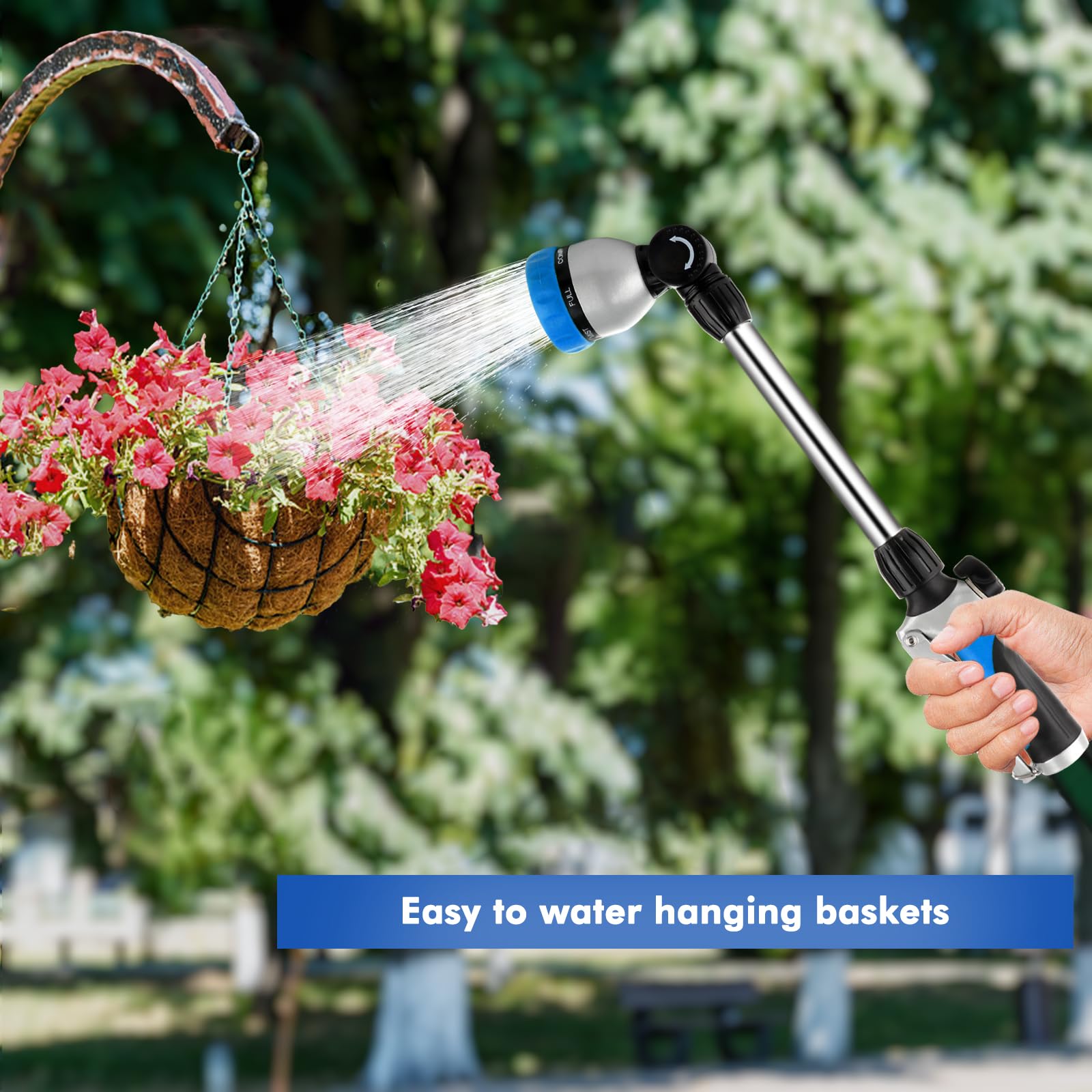 RESTMO wand watering hanging plants in garden showing versatility and gentle mist benefit