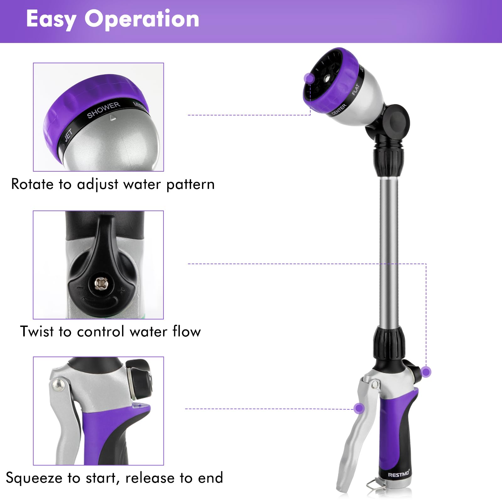 RESTMO wand displaying multiple spray patterns for precise watering and cleaning
