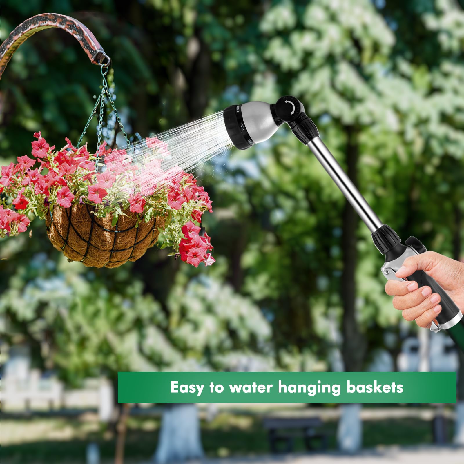 RESTMO watering hanging baskets illustrating gentle shower pattern benefit