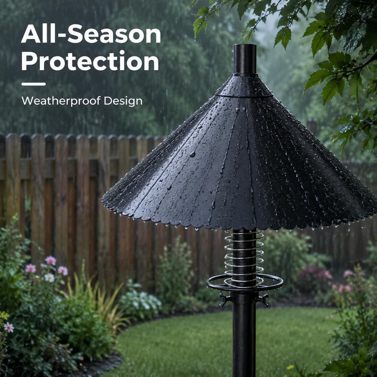 ReTang in backyard lifestyle with feeder protected showing seed-saving benefit