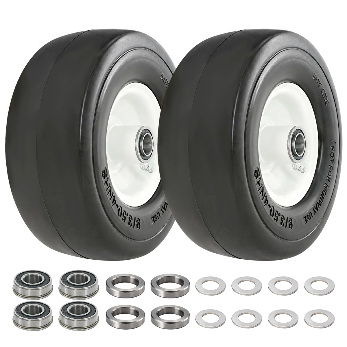 RETOTLA front view of 9x3.50-4 wheel assembly showing steel rim and solid tire for durability