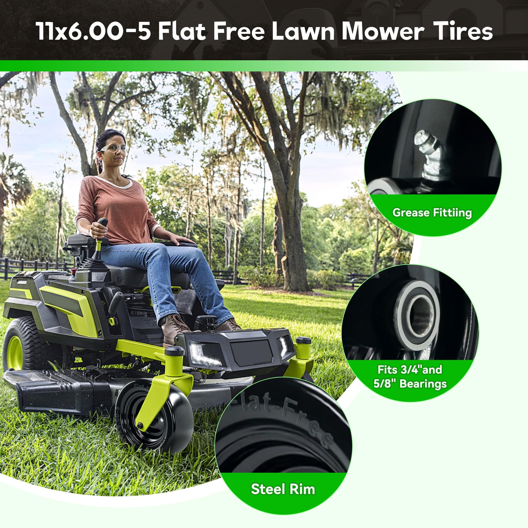 RETOTLA tire installed on zero-turn mower illustrating puncture-proof performance in use