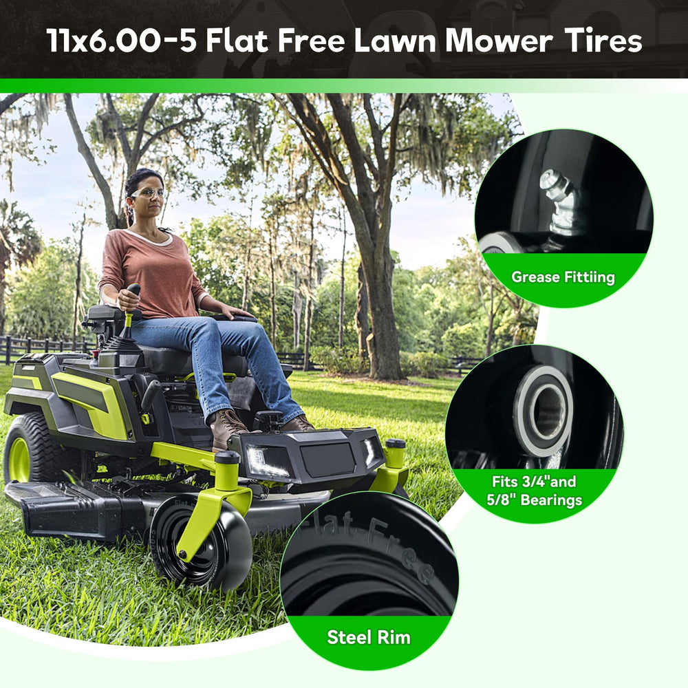 RETOTLA tire installed on zero-turn mower illustrating puncture-proof performance in use