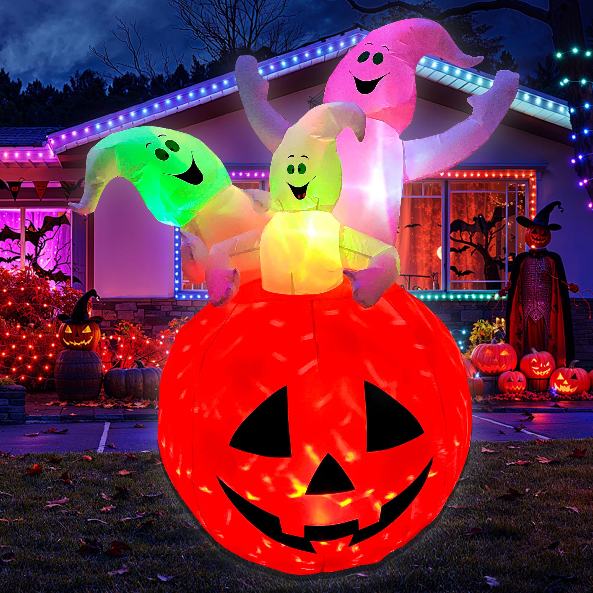 RETRO JUMP front view of ghost-on-pumpkin inflatable showing playful design and curb appeal